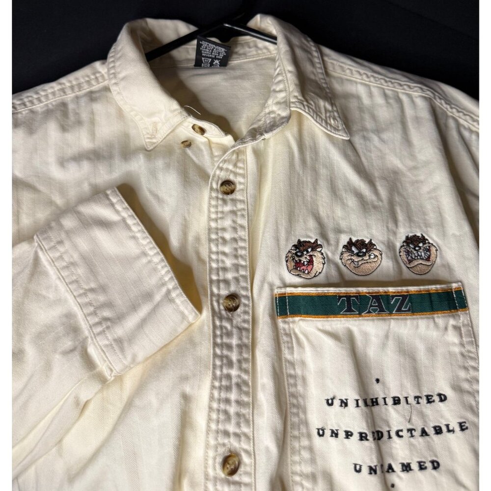 Vtg Taz Tasmanian Devil Warner Bros Embroidered Chest Pocket Button Shirt Mens M